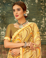 Vishal Prints Light Mustard Printed Chiffon Saree With Fancy Lace Border