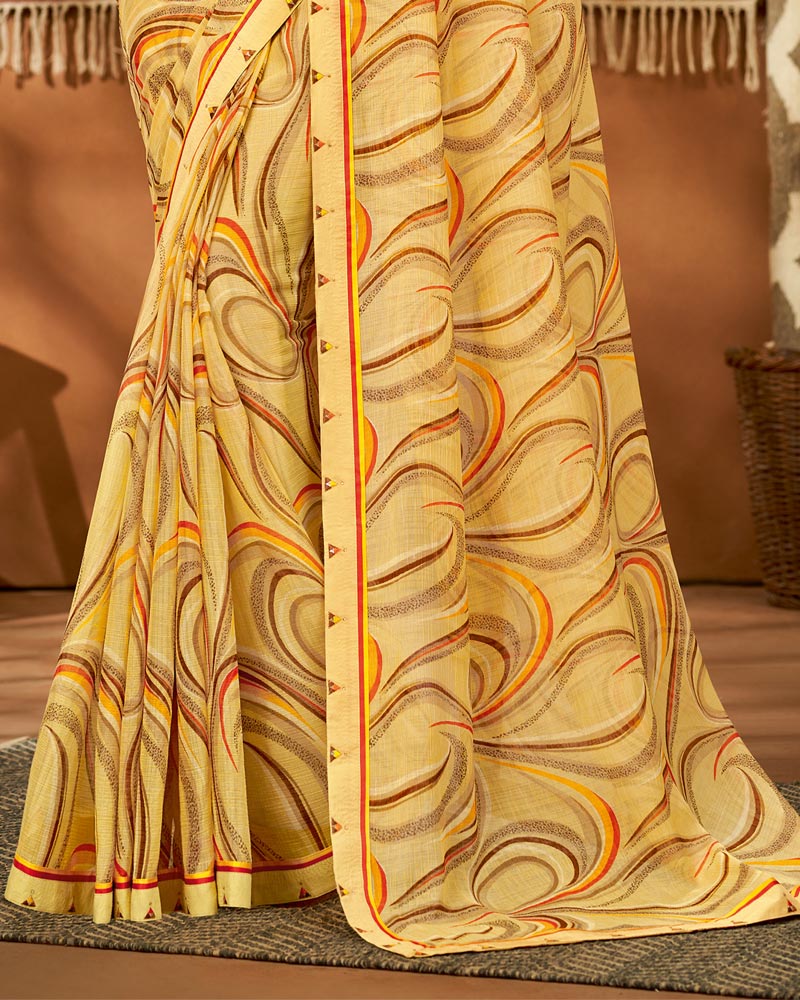 Vishal Prints Light Mustard Printed Chiffon Saree With Fancy Lace Border