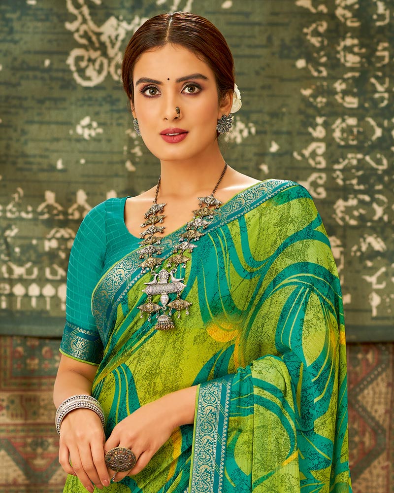 Vishal Prints Green Printed Chiffon Saree With Fancy Lace Border