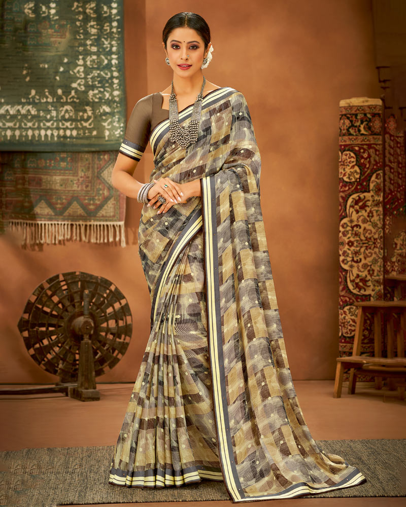 Vishal Prints Grey And Beige Printed Chiffon Saree With Fancy Lace Border