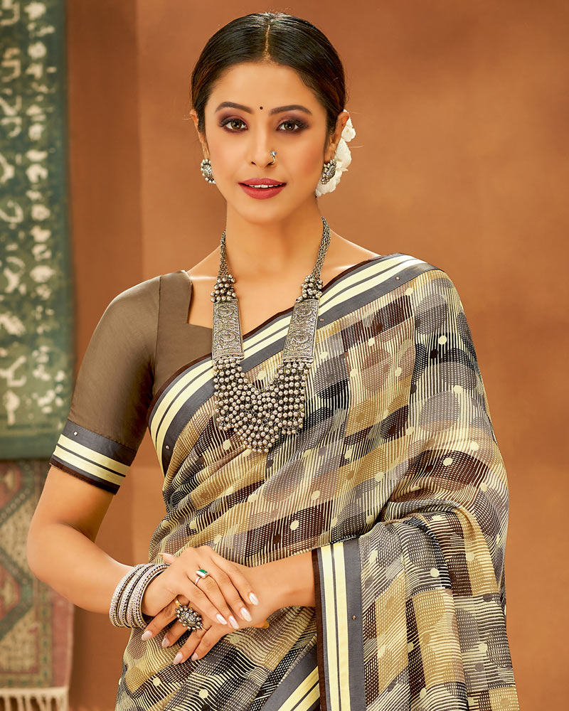 Vishal Prints Grey And Beige Printed Chiffon Saree With Fancy Lace Border