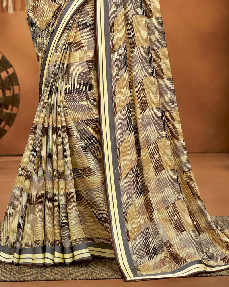 Vishal Prints Grey And Beige Printed Chiffon Saree With Fancy Lace Border