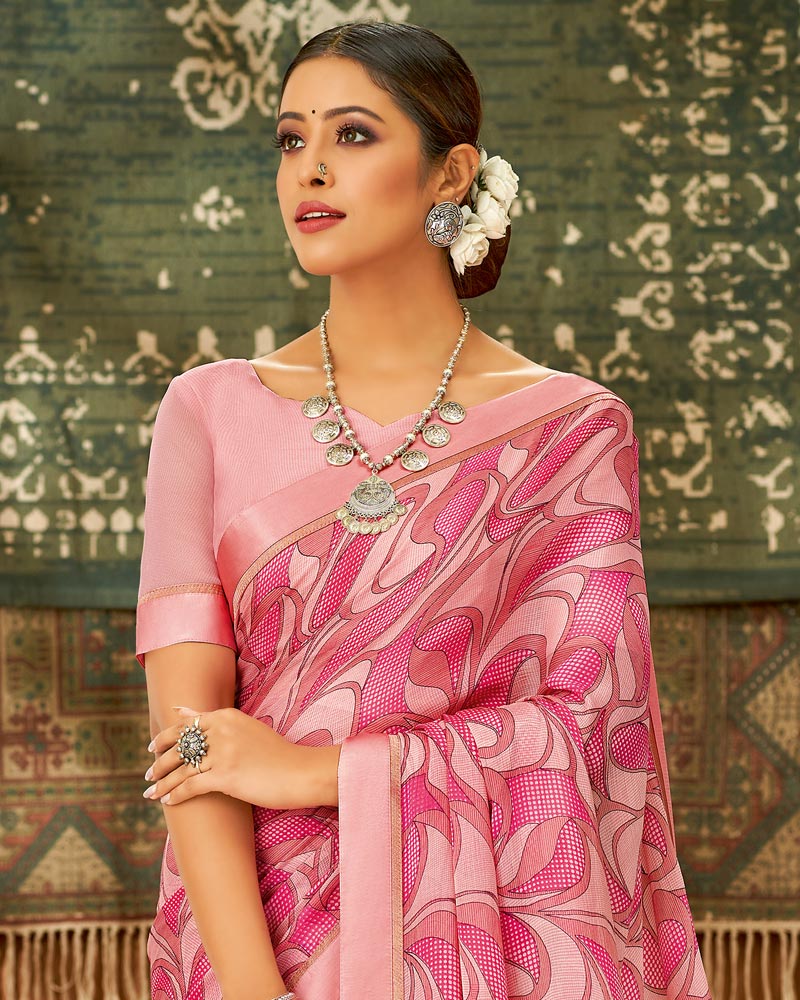 Vishal Prints Rose Pink Printed Chiffon Saree With Fancy Lace Border