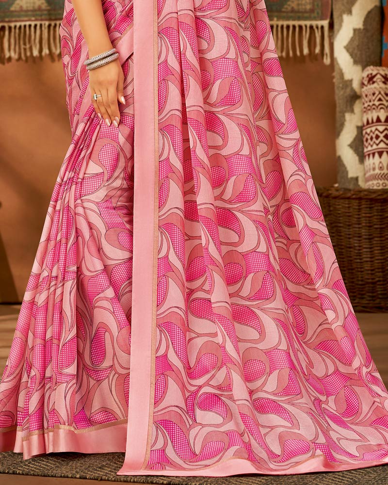 Vishal Prints Rose Pink Printed Chiffon Saree With Fancy Lace Border