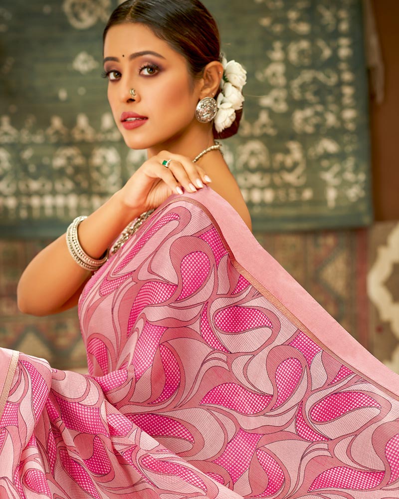 Vishal Prints Rose Pink Printed Chiffon Saree With Fancy Lace Border