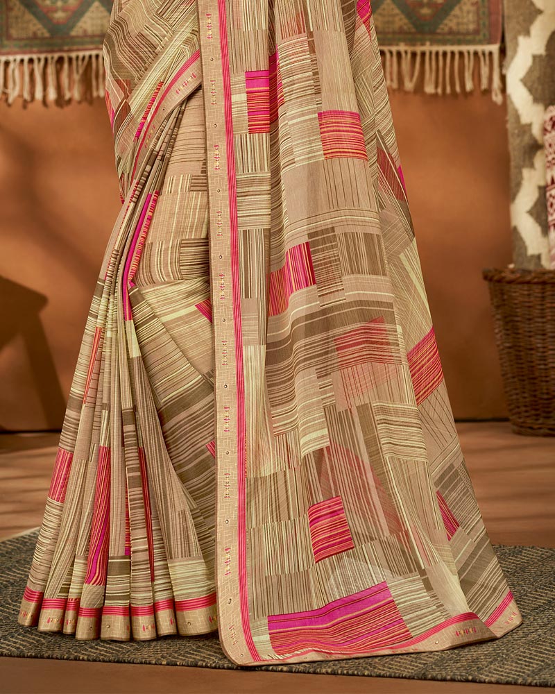 Vishal Prints Beige Printed Chiffon Saree With Fancy Lace Border