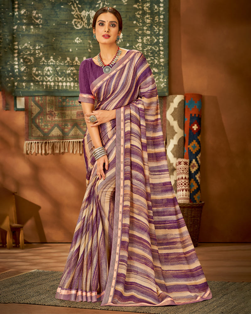 Vishal Prints Purple Printed Chiffon Saree With Fancy Lace Border