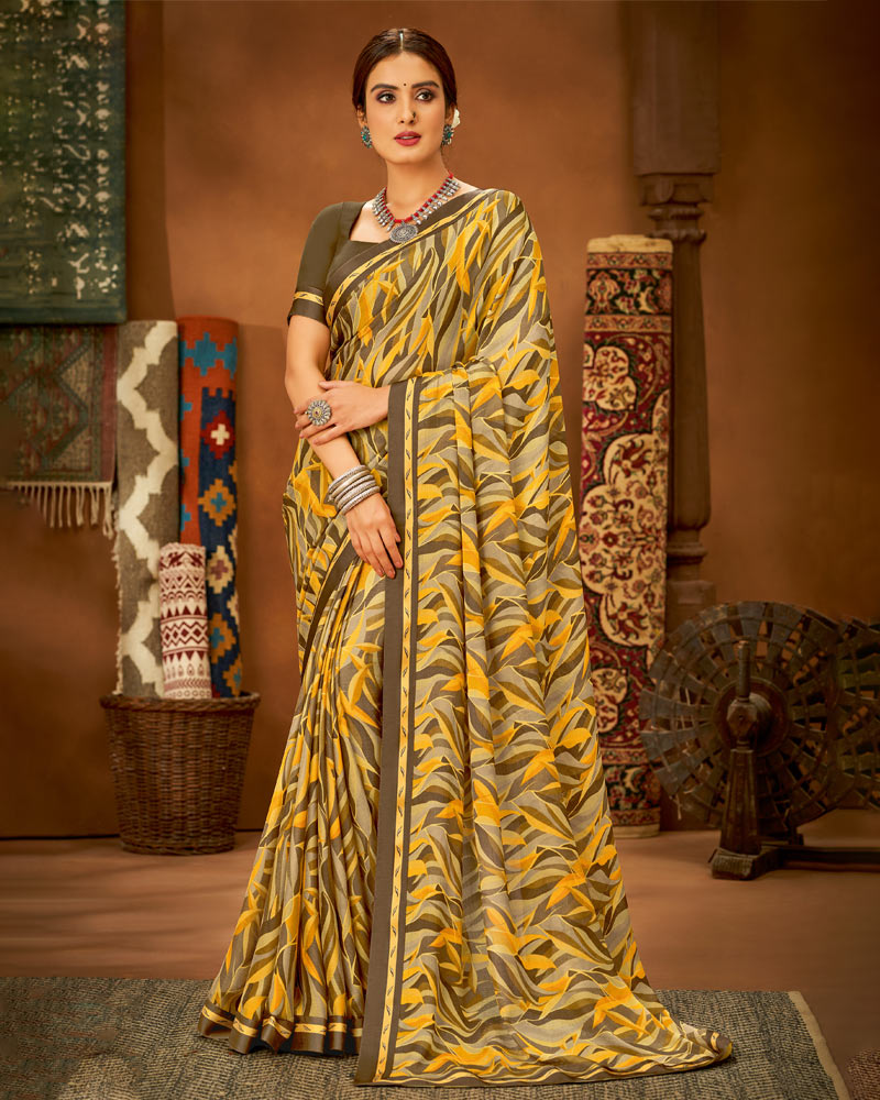 Vishal Prints Yellow Printed Chiffon Saree With Fancy Lace Border