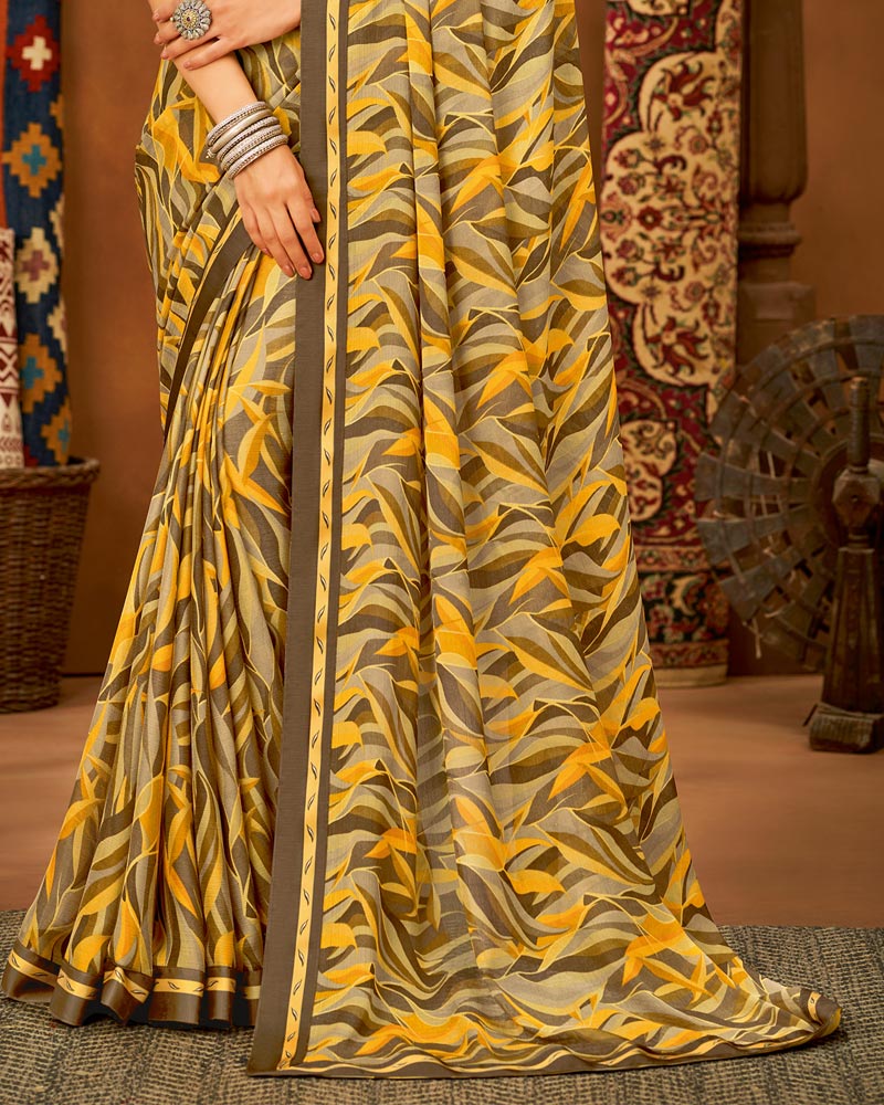 Vishal Prints Yellow Printed Chiffon Saree With Fancy Lace Border