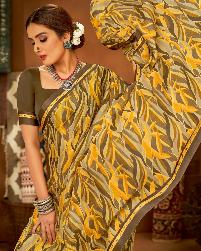 Vishal Prints Yellow Printed Chiffon Saree With Fancy Lace Border