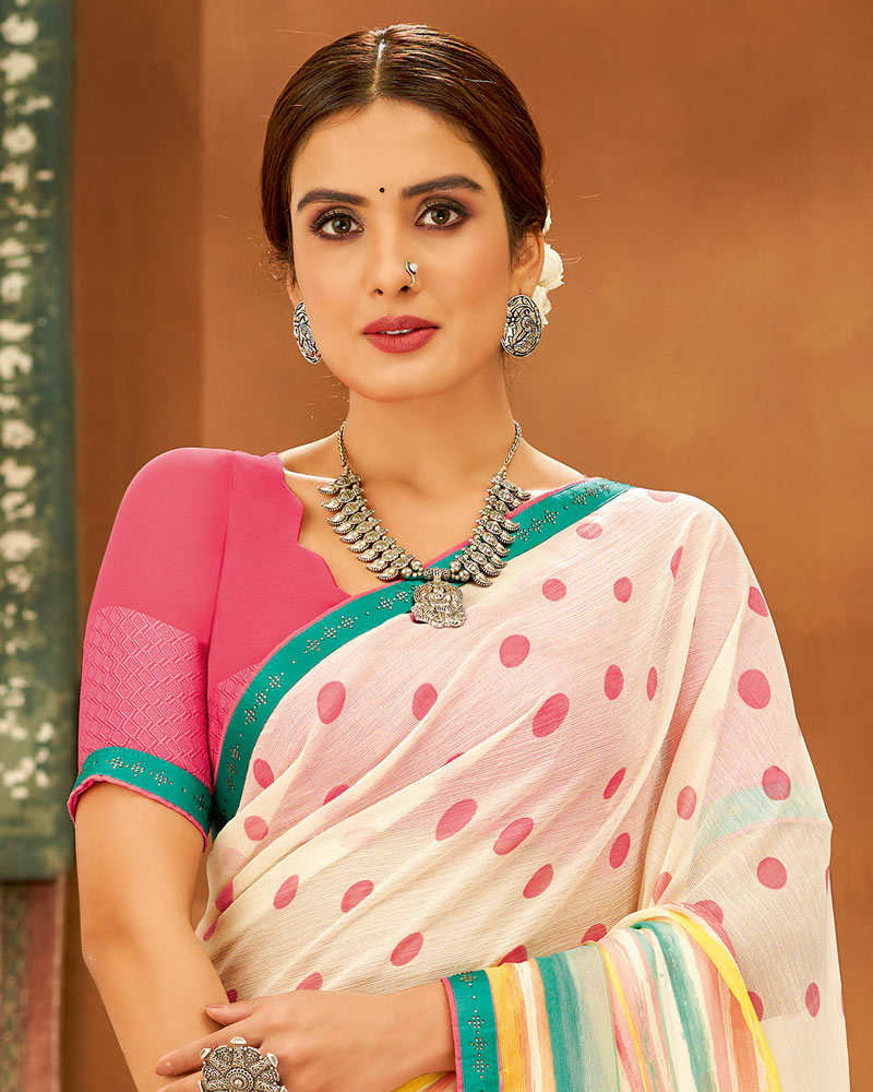 Vishal Prints Cream Printed Chiffon Saree With Fancy Lace Border