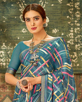 Vishal Prints Dark Grey Printed Chiffon Saree With Fancy Lace Border