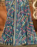 Vishal Prints Dark Grey Printed Chiffon Saree With Fancy Lace Border