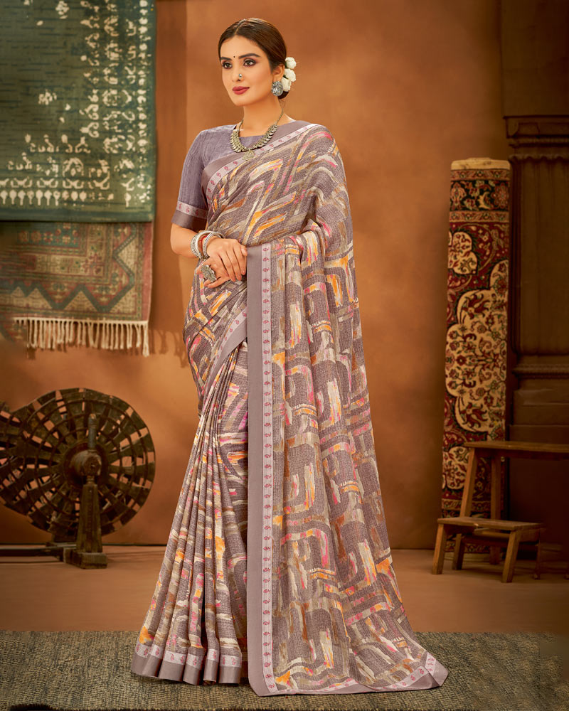 Vishal Prints Light Mauve Printed Chiffon Saree With Fancy Lace Border