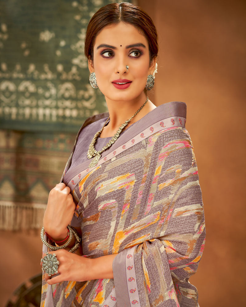 Vishal Prints Light Mauve Printed Chiffon Saree With Fancy Lace Border