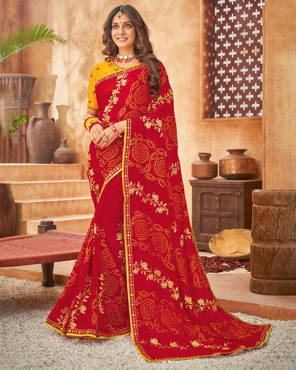 Vishal Prints Red Bandhani Print Georgette Saree With Embroidery Work And Border