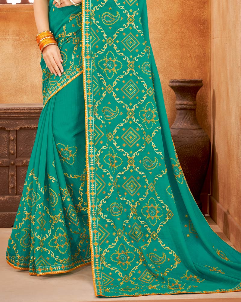 Vishal Prints Teal Bandhani Print Georgette Saree With Embroidery Work And Border