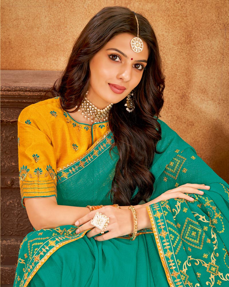 Vishal Prints Teal Bandhani Print Georgette Saree With Embroidery Work And Border
