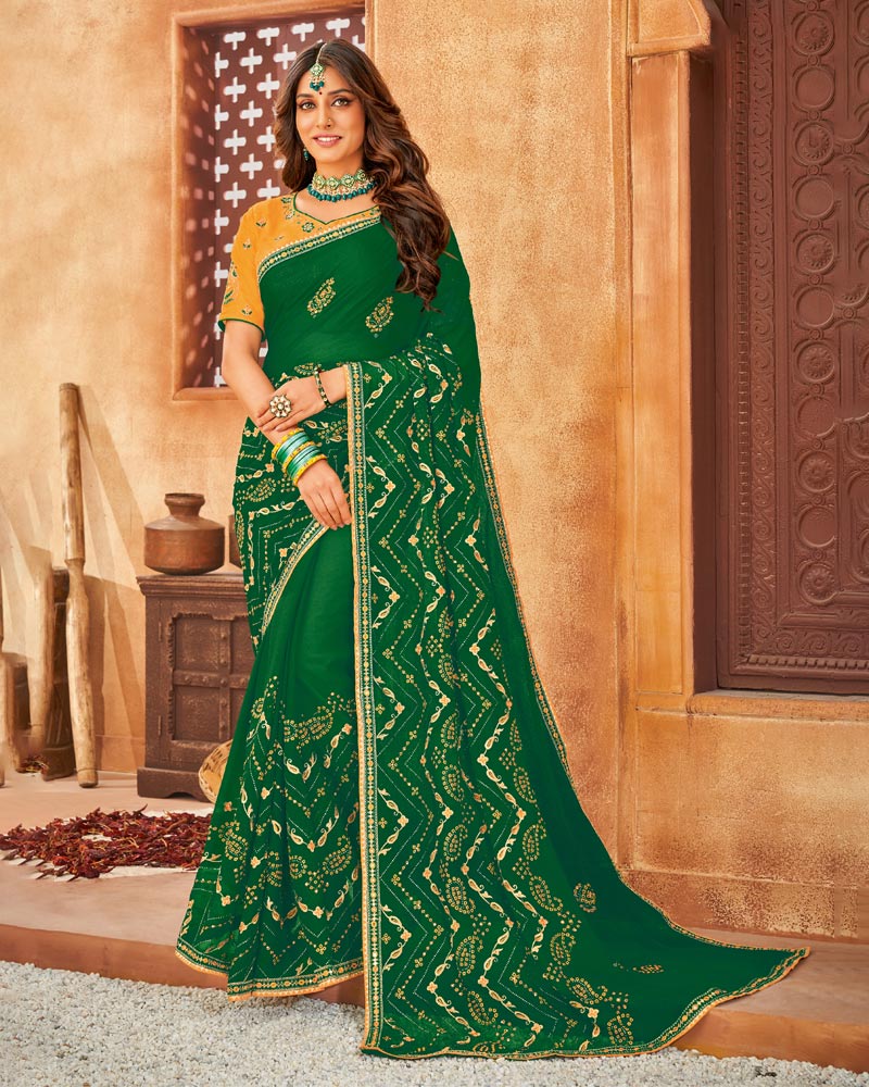 Vishal Prints Green Bandhani Print Georgette Saree With Embroidery Work And Border