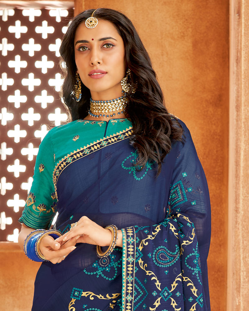 Vishal Prints Blue Bandhani Print Georgette Saree With Embroidery Work And Border