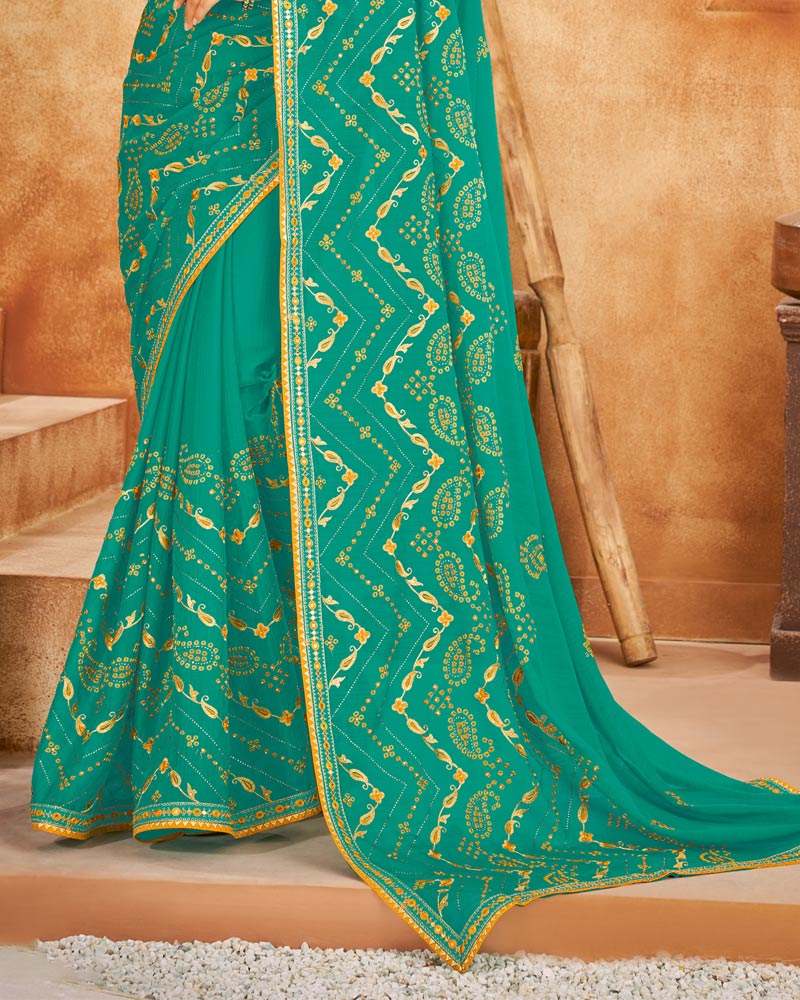 Vishal Prints Turquoise Bandhani Print Georgette Saree With Embroidery Work And Border