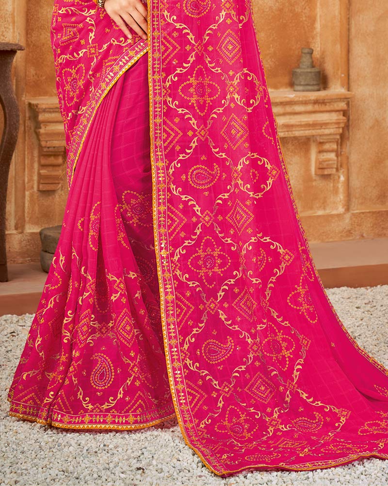 Vishal Prints Dark Pink Bandhani Print Georgette Saree With Embroidery Work And Border