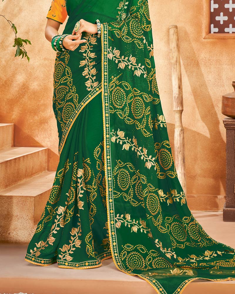 Vishal Prints Green Bandhani Print Georgette Saree With Embroidery Work And Border