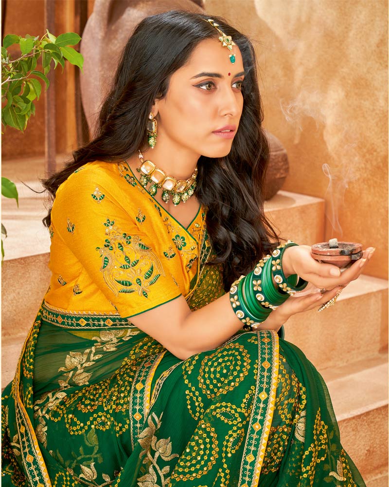 Vishal Prints Green Bandhani Print Georgette Saree With Embroidery Work And Border