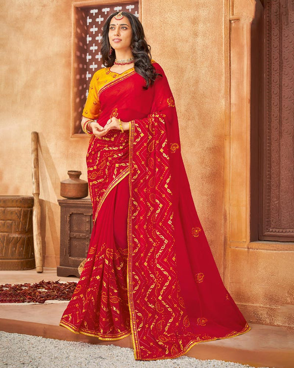 Vishal Prints Dark Red Bandhani Print Georgette Saree With Embroidery Work And Border