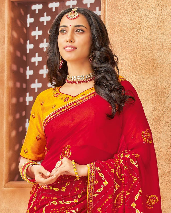 Vishal Prints Dark Red Bandhani Print Georgette Saree With Embroidery Work And Border