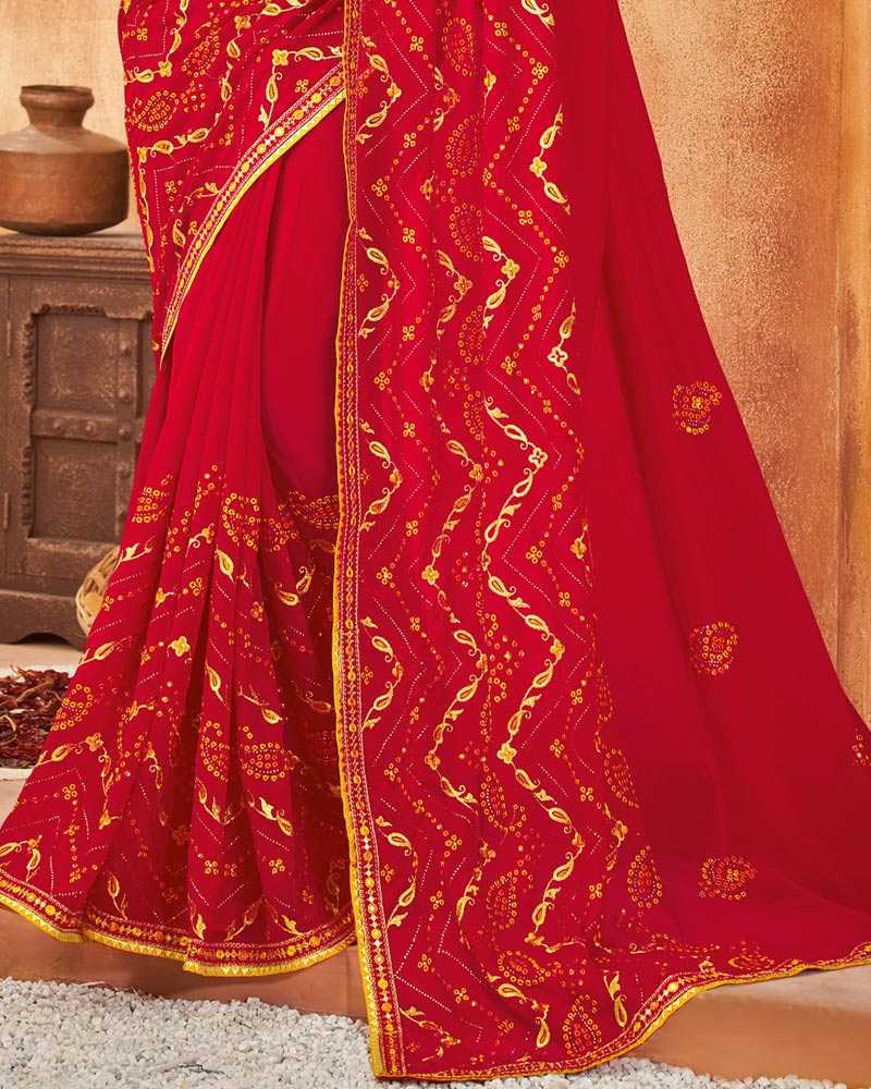 Vishal Prints Dark Red Bandhani Print Georgette Saree With Embroidery Work And Border