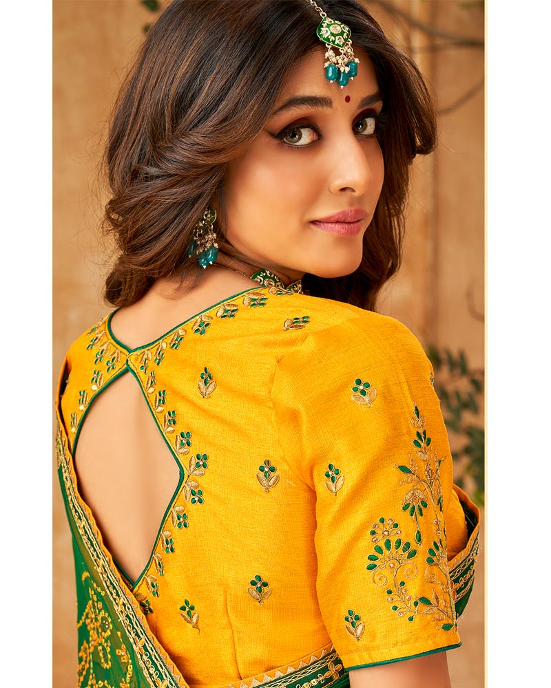 Vishal Prints Dark Green Bandhani Print Georgette Saree With Embroidery Work And Border