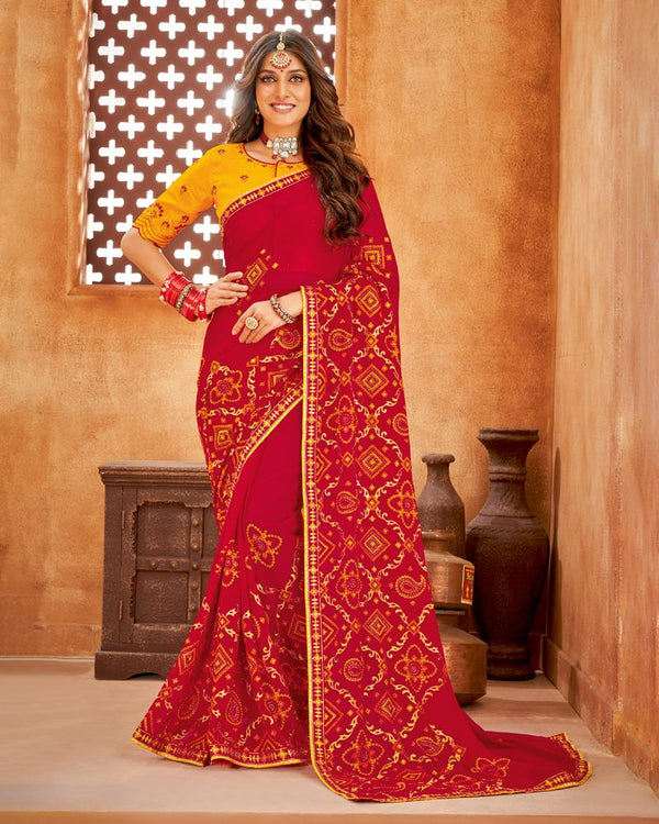 Vishal Prints Rose Red Bandhani Print Georgette Saree With Embroidery Work And Border