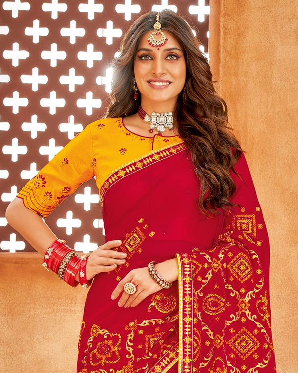 Vishal Prints Rose Red Bandhani Print Georgette Saree With Embroidery Work And Border