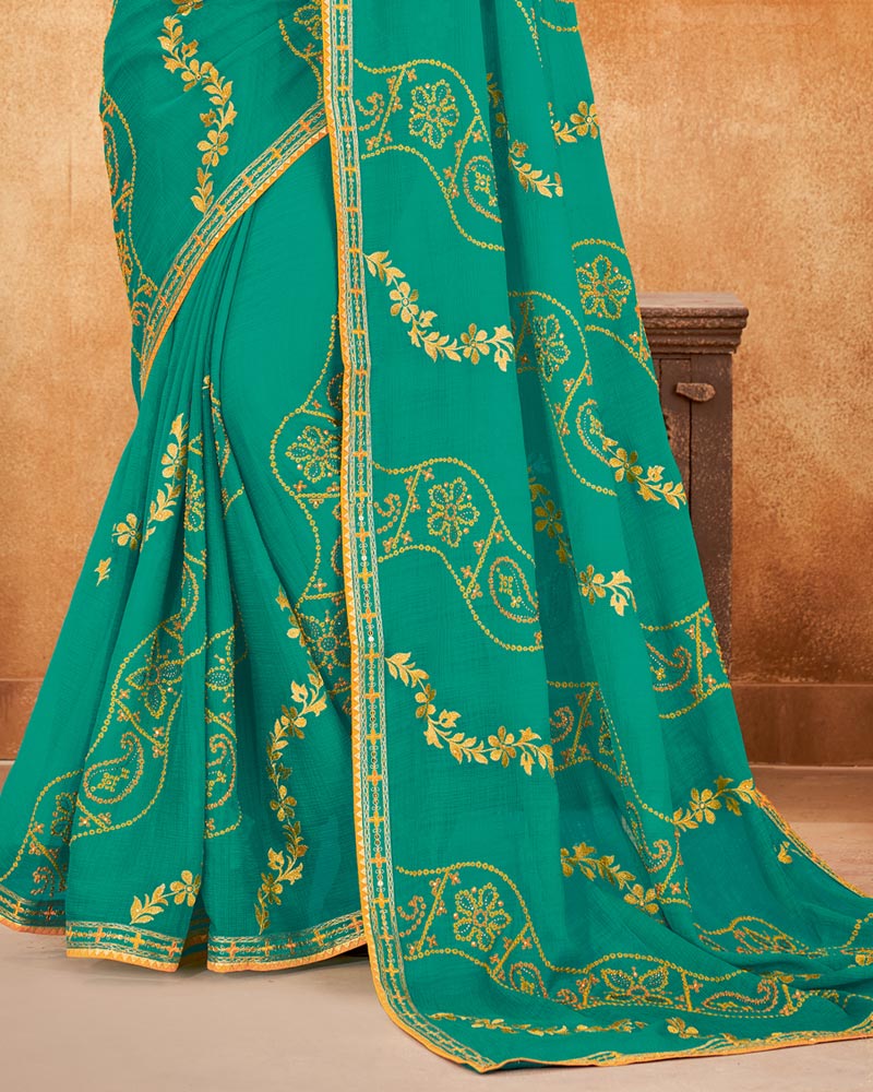Vishal Prints Teal Bandhani Print Georgette Saree With Embroidery Work And Border