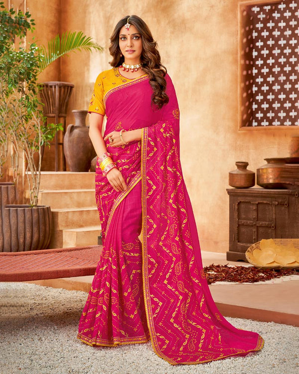 Vishal Prints Rose Pink Bandhani Print Georgette Saree With Embroidery Work And Border