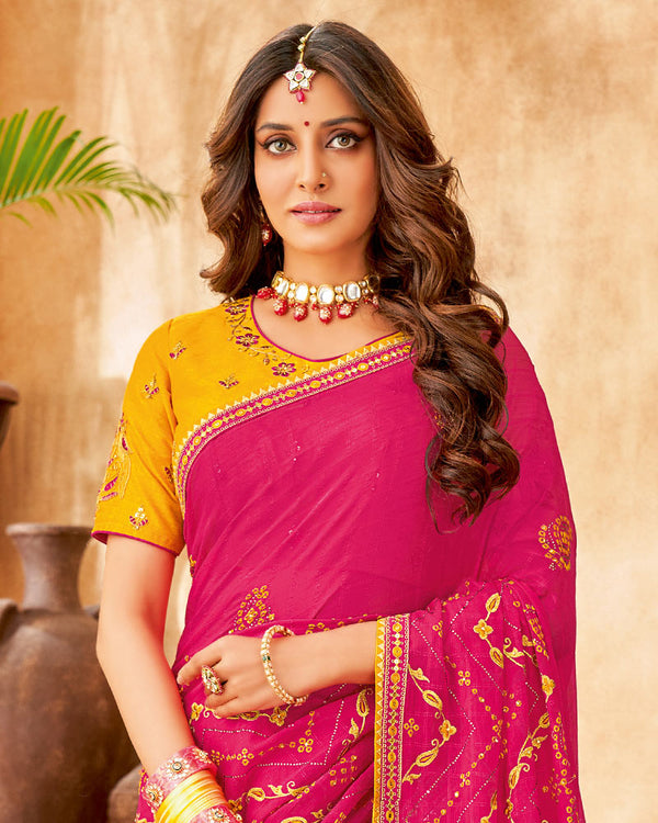 Vishal Prints Rose Pink Bandhani Print Georgette Saree With Embroidery Work And Border