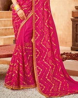 Vishal Prints Rose Pink Bandhani Print Georgette Saree With Embroidery Work And Border