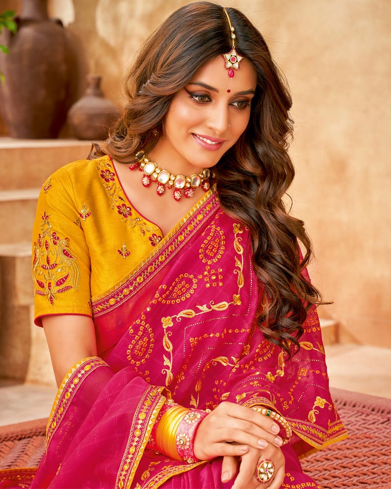 Vishal Prints Rose Pink Bandhani Print Georgette Saree With Embroidery Work And Border