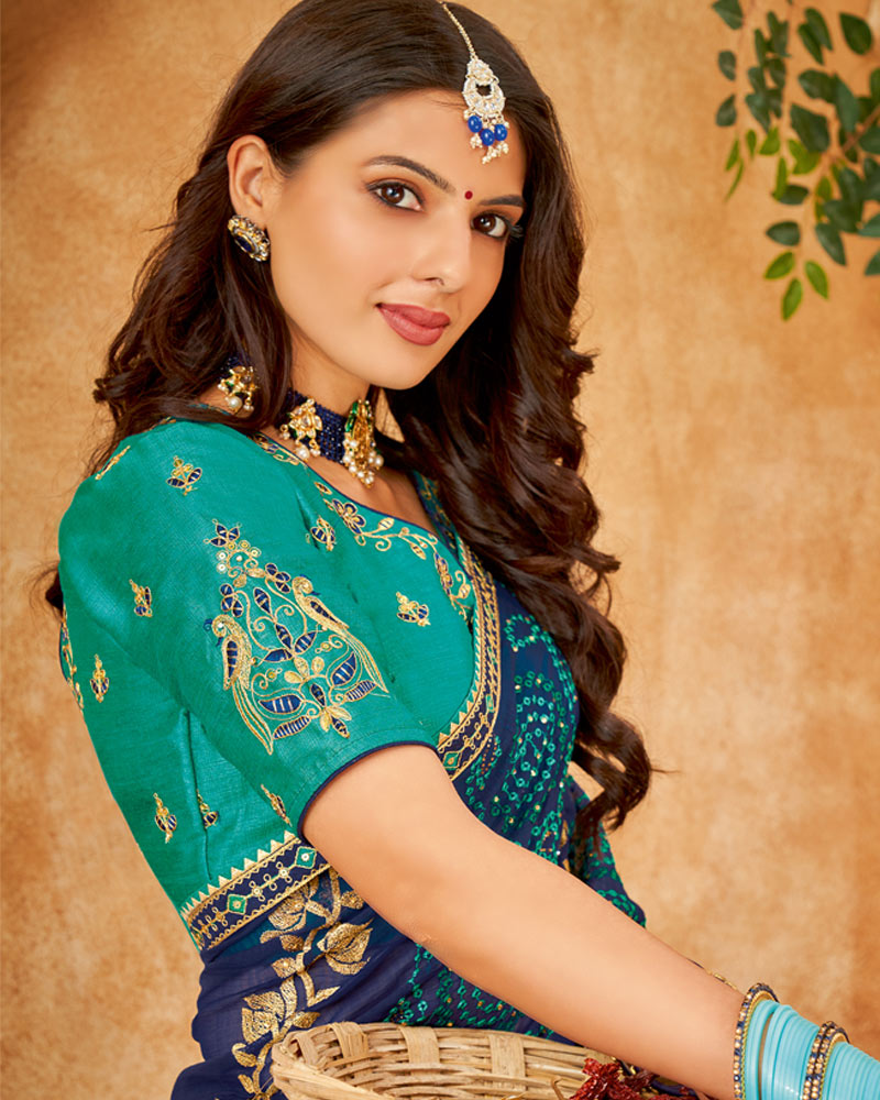 Vishal Prints Dark Blue Bandhani Print Georgette Saree With Embroidery Work And Border