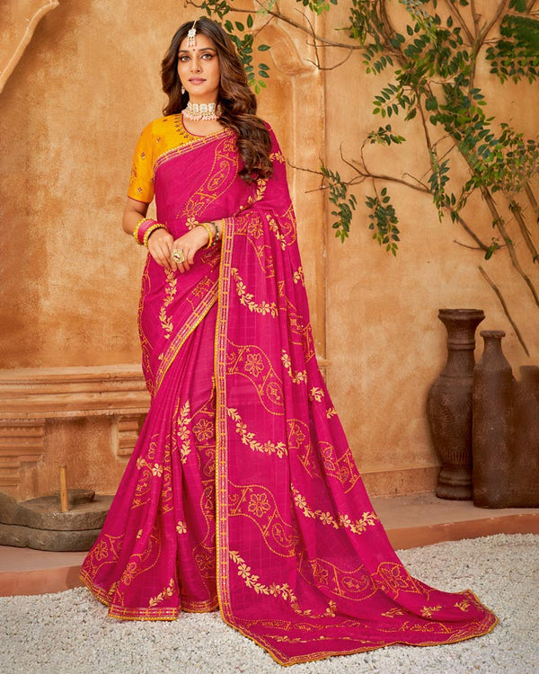 Vishal Prints Rose Red Bandhani Print Georgette Saree With Embroidery Work And Border