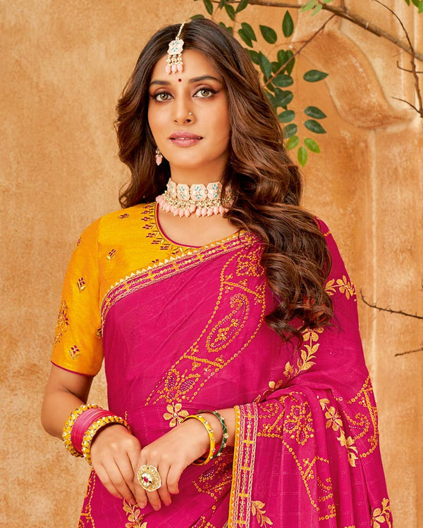 Vishal Prints Rose Red Bandhani Print Georgette Saree With Embroidery Work And Border