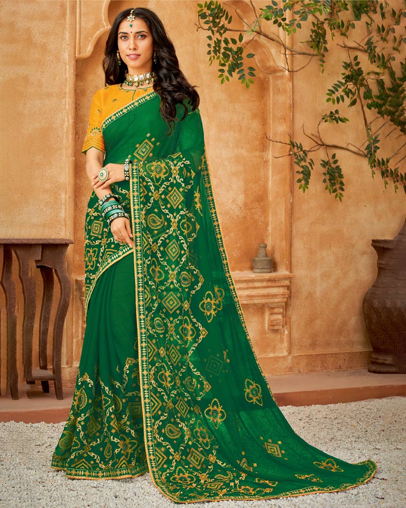 Vishal Prints Green Bandhani Print Georgette Saree With Embroidery Work And Border