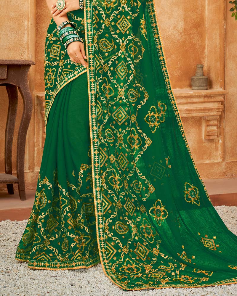 Vishal Prints Green Bandhani Print Georgette Saree With Embroidery Work And Border