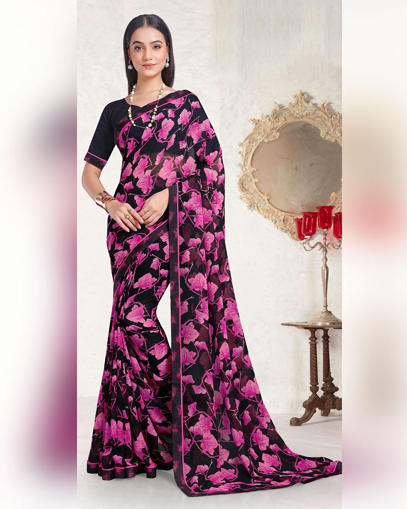 Vishal Prints Smokey Black And Daisy Pink Printed Georgette Saree With Fancy Border