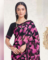 Vishal Prints Smokey Black And Daisy Pink Printed Georgette Saree With Fancy Border