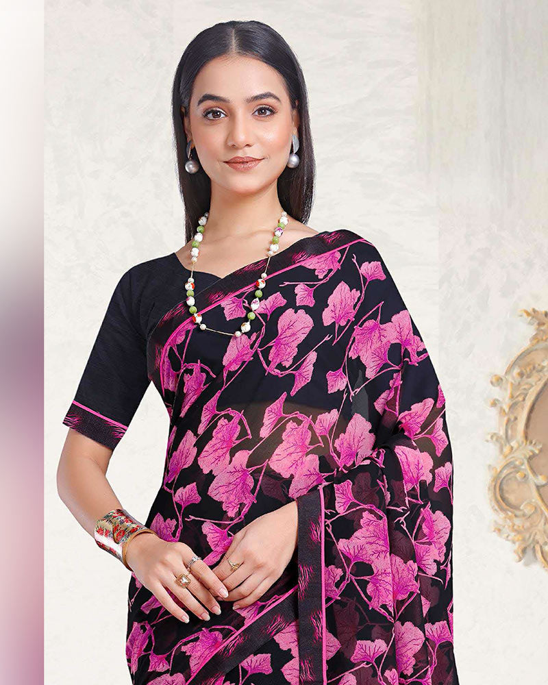 Vishal Prints Smokey Black And Daisy Pink Printed Georgette Saree With Fancy Border