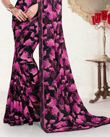 Vishal Prints Smokey Black And Daisy Pink Printed Georgette Saree With Fancy Border