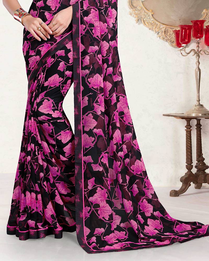 Vishal Prints Smokey Black And Daisy Pink Printed Georgette Saree With Fancy Border