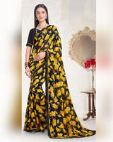 Vishal Prints Smokey Black And Burnt Yellow Printed Georgette Saree With Fancy Border